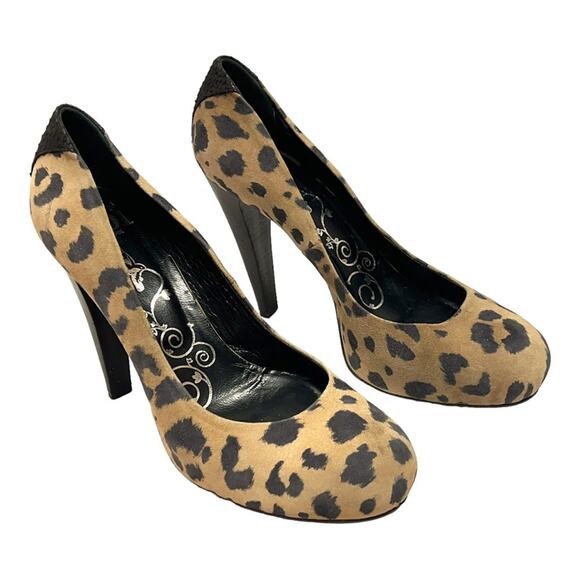 TIBI NEW YORK Suede Leather Cheetah Tan & Black Reptile Accent Back of Heels 10 - Picture 11 of 16